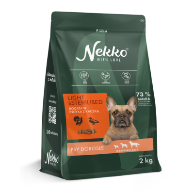 NEKKO karma sucha bezzbożowa psy dorosłe wszystkie rasy Light&Sterilised bogata w indyka z kaczką - 2kg