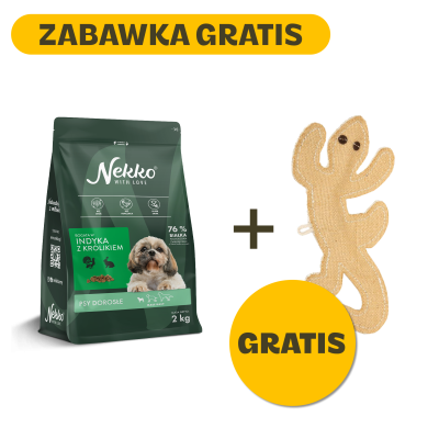 NEKKO karma sucha dla psów dorosłych bogata w indyka z królikiem + Zabawka z juty Chico Trend – Jaszczurka 21 cm