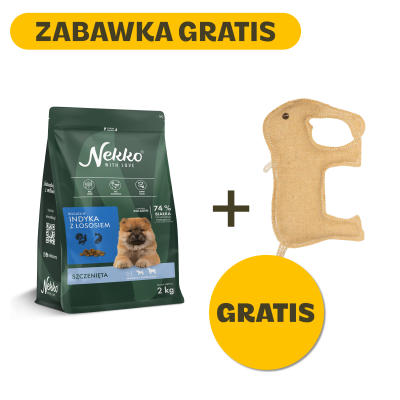 NEKKO karma sucha dla szczeniąt bogata w indyka z łososiem + Zabawka z juty Chico Trend – Słoń 15 cm