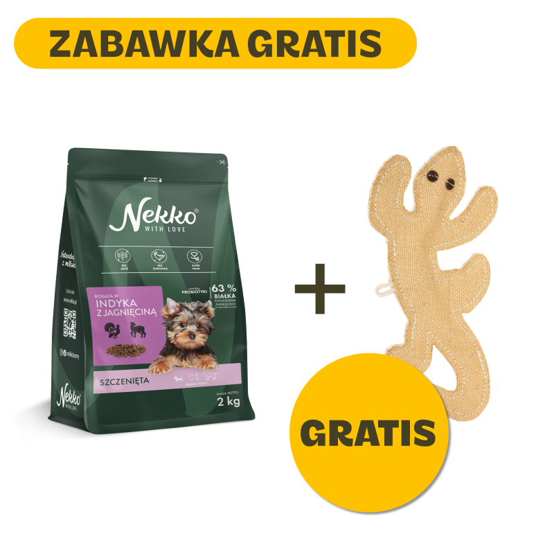 NEKKO karma sucha dla szczeniąt bogata w indyka z jagnięciną + Zabawka z juty Chico Trend – Jaszczurka 21 cm