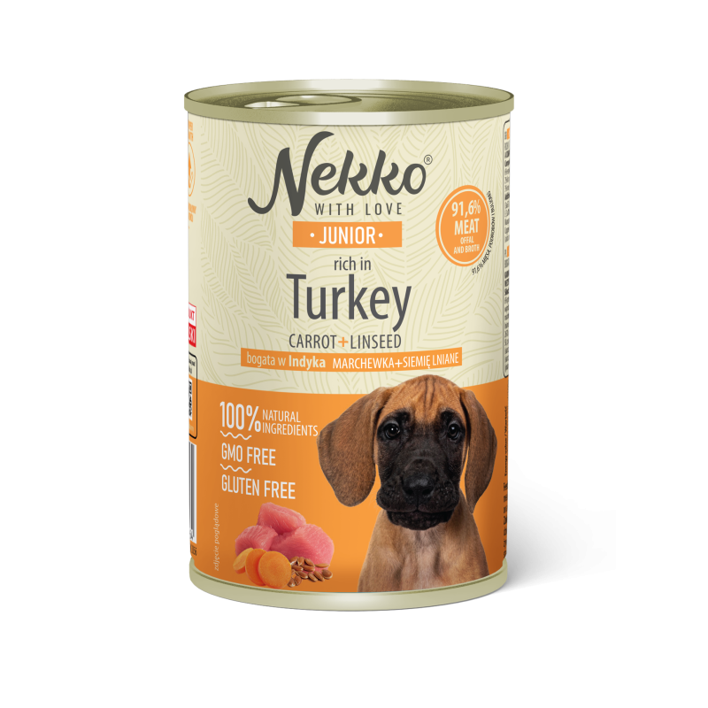NEKKO puszka pies JUNIOR bogata w indyka, marchewka + siemię lniane