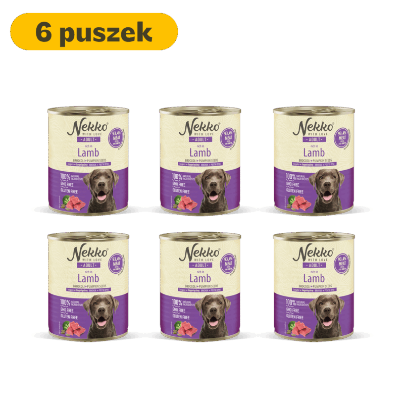 NEKKO puszka pies ADULT bogata w jagnięcinę, brokuł + pestki dyni – 800g (6 szt.)